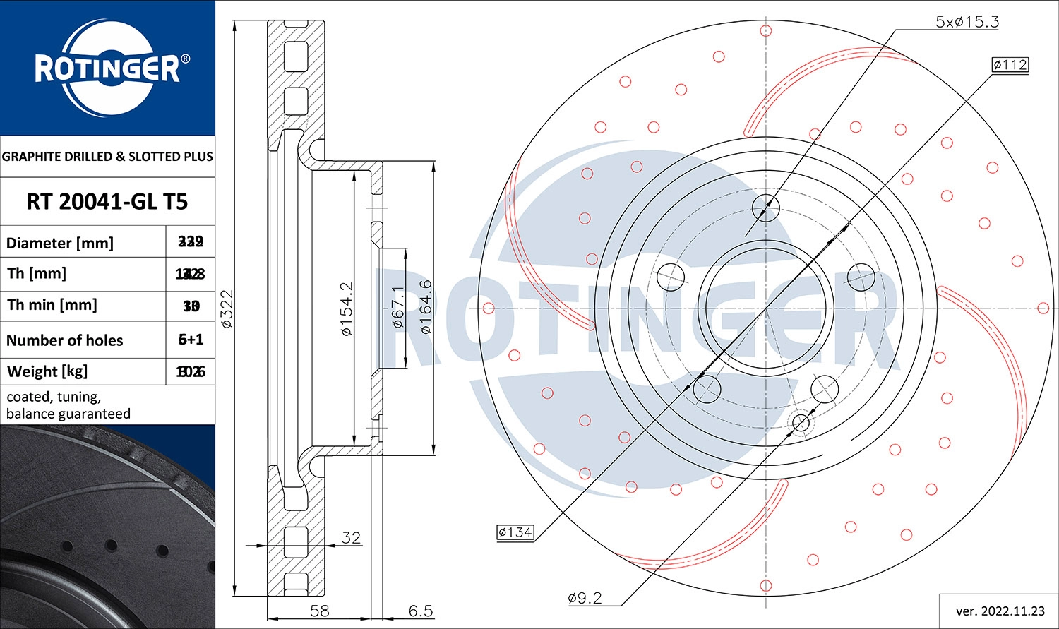 Тормозной диск graphite drilled slotted plus ROTINGER RT 20720-GL T5