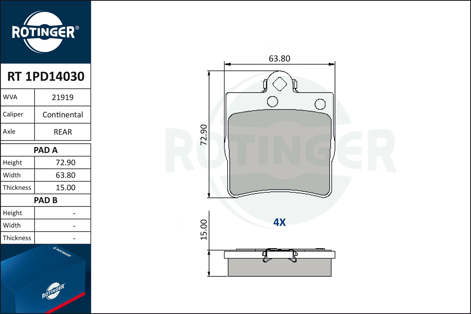 Комплект тормозных колодок дисковый тормоз ROTINGER RT 1PD14030