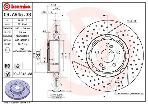 Тормозной диск prime line - dual cast BREMBO 09.A945.33
