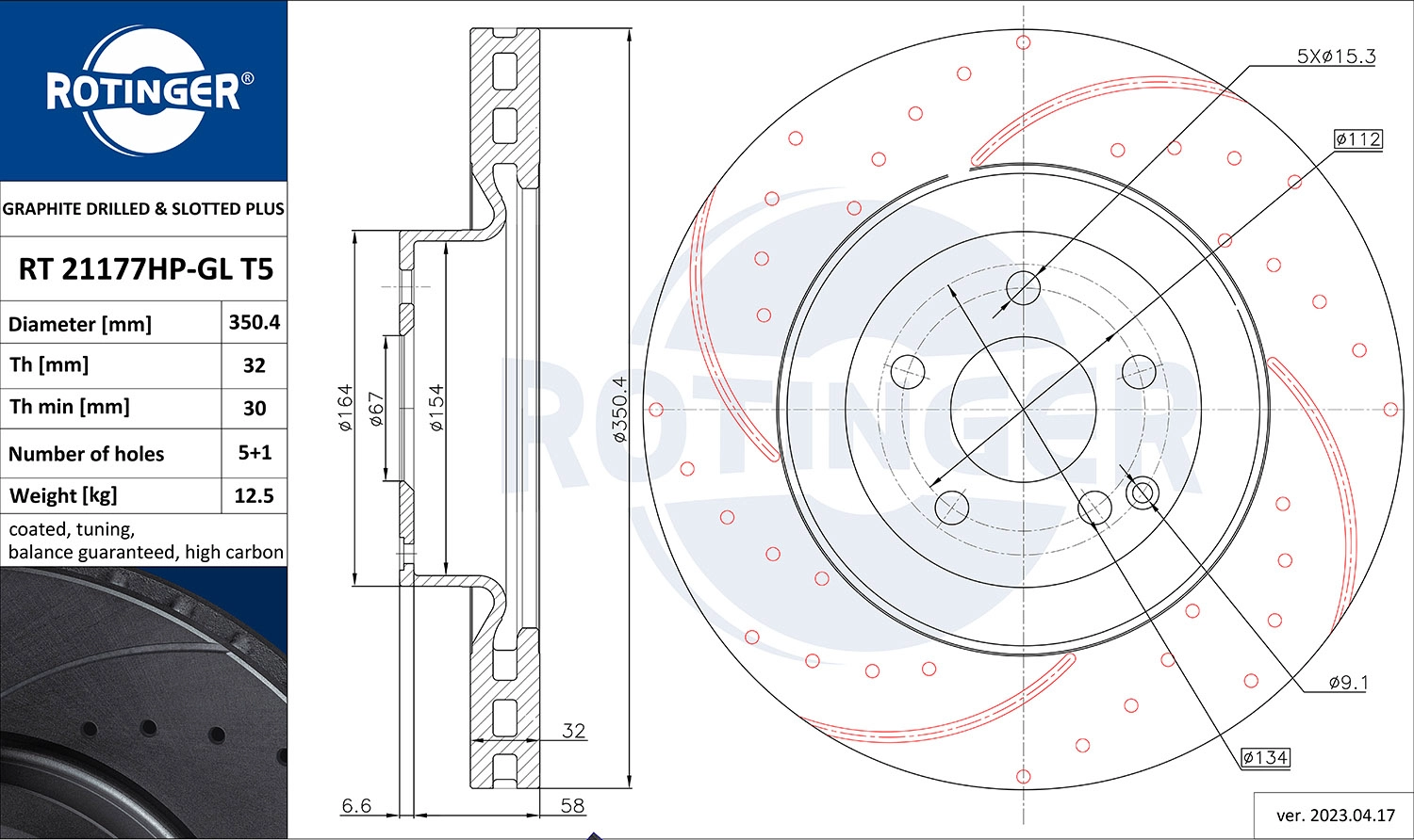 Тормозной диск graphite drilled slotted plus ROTINGER RT 21177HP-GL T5