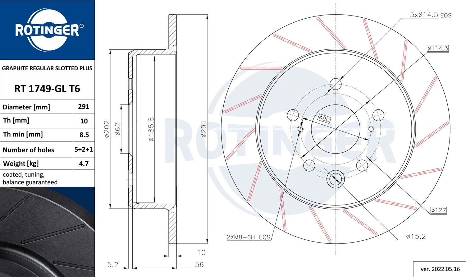 Тормозной диск graphite regular slotted plus ROTINGER RT 1749-GL T6