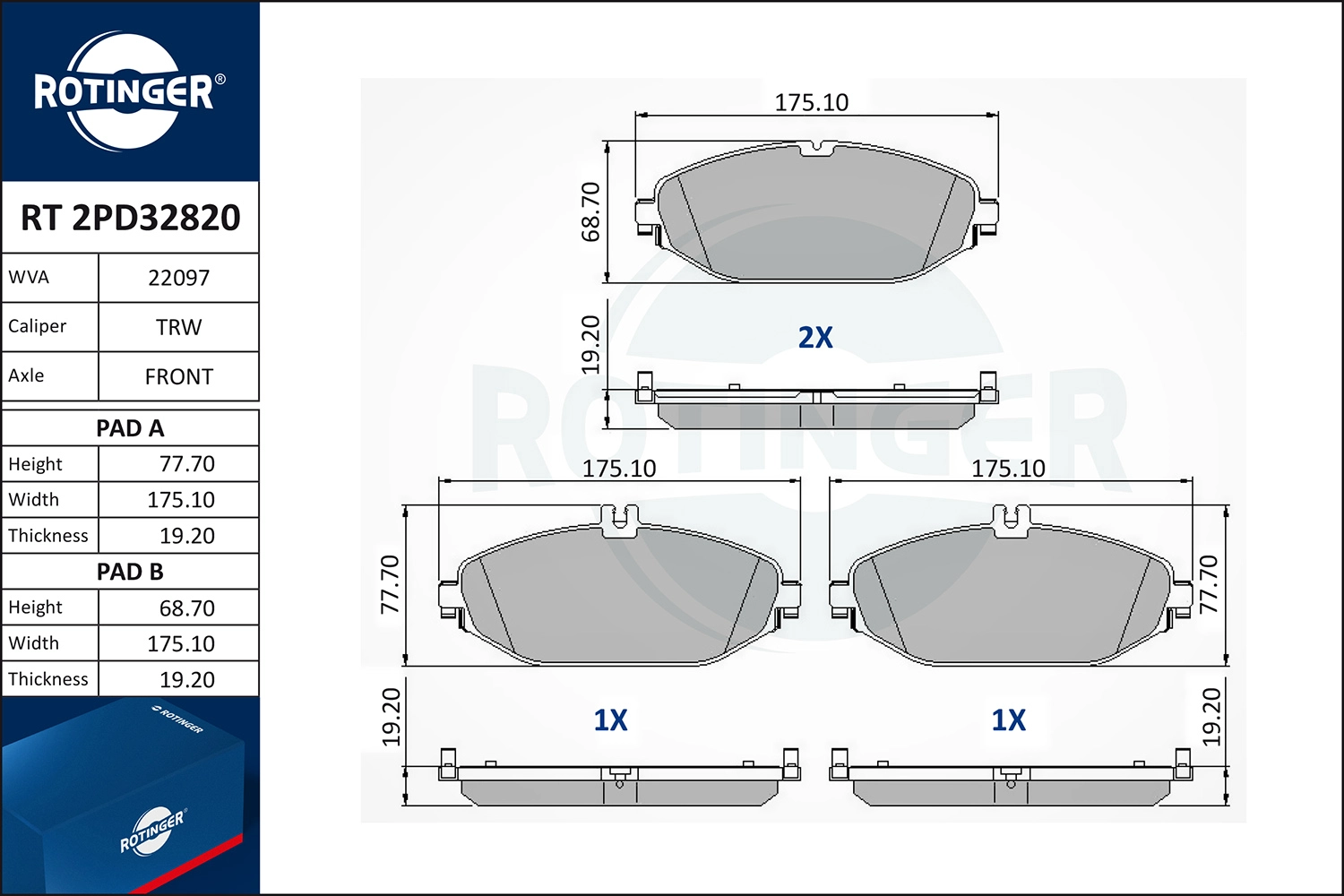 Комплект тормозных колодок дисковый тормоз ROTINGER RT 2PD32820