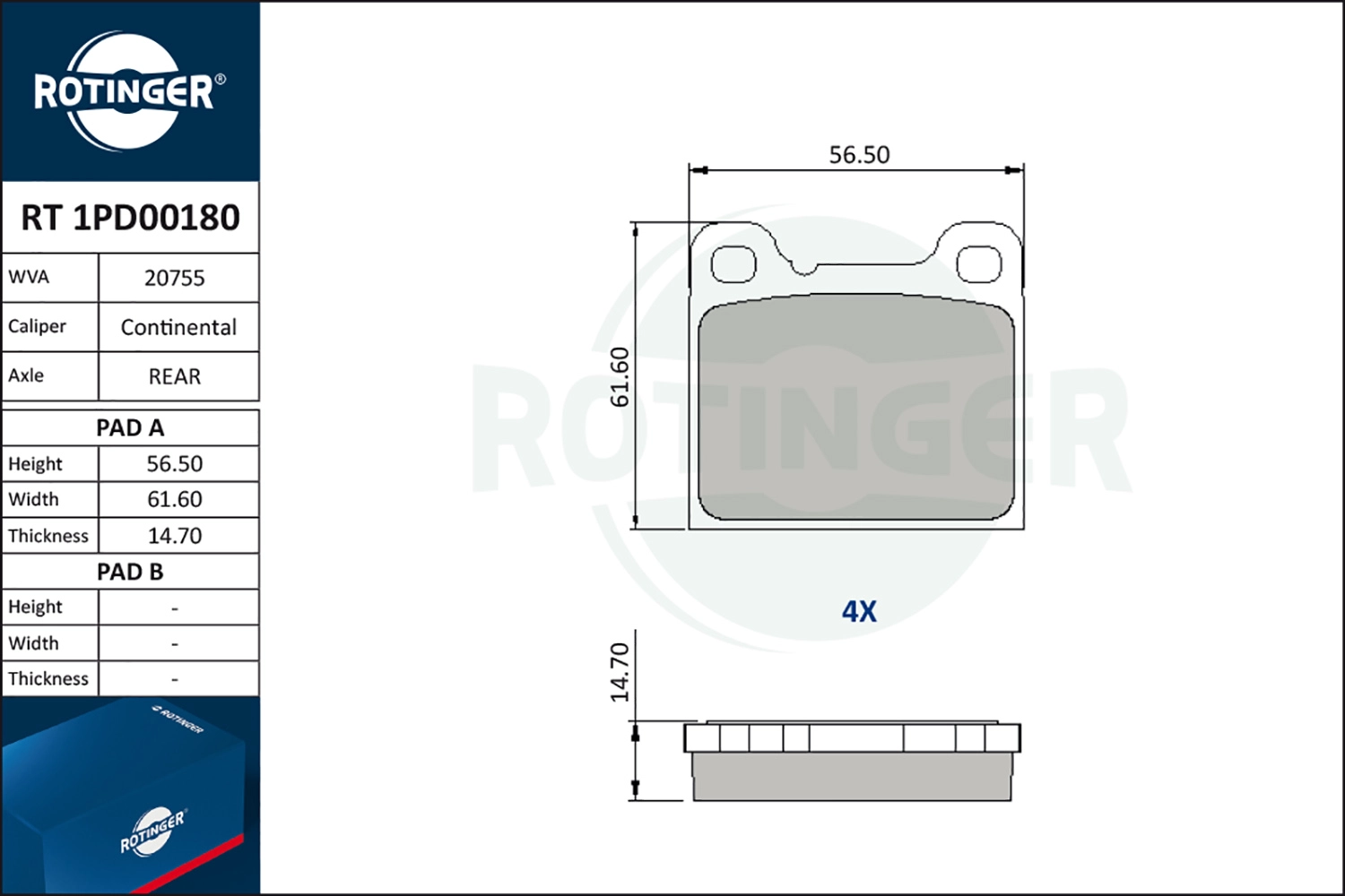 Комплект тормозных колодок дисковый тормоз ROTINGER RT 1PD00180