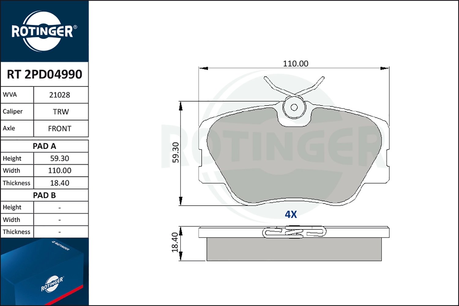 Комплект тормозных колодок дисковый тормоз ROTINGER RT 2PD04990