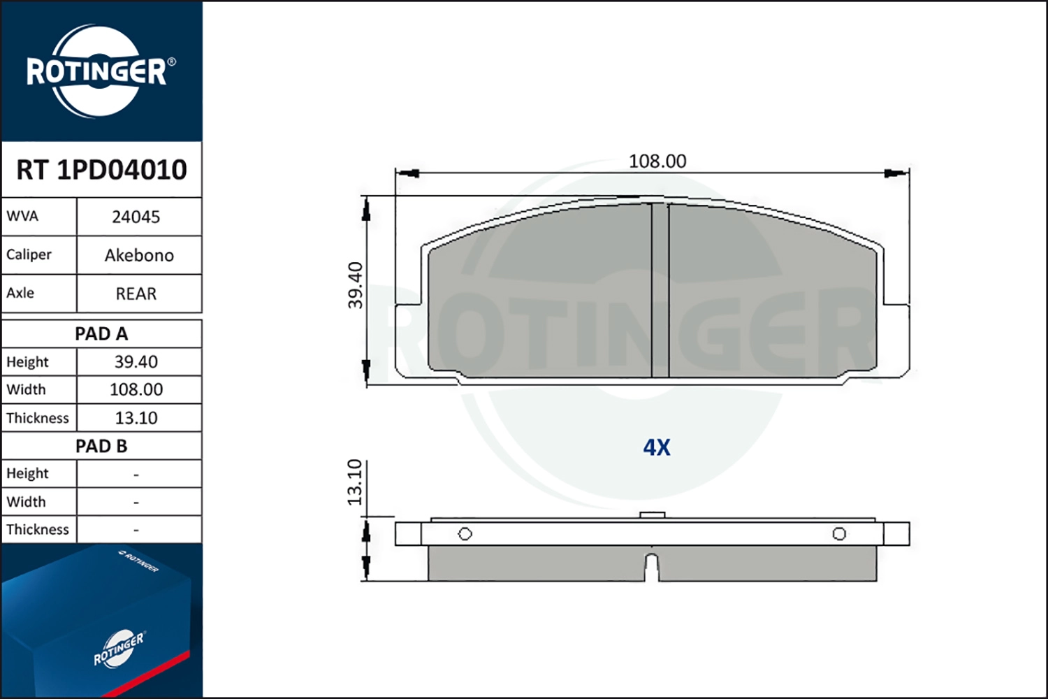 Комплект тормозных колодок дисковый тормоз ROTINGER RT 1PD04010