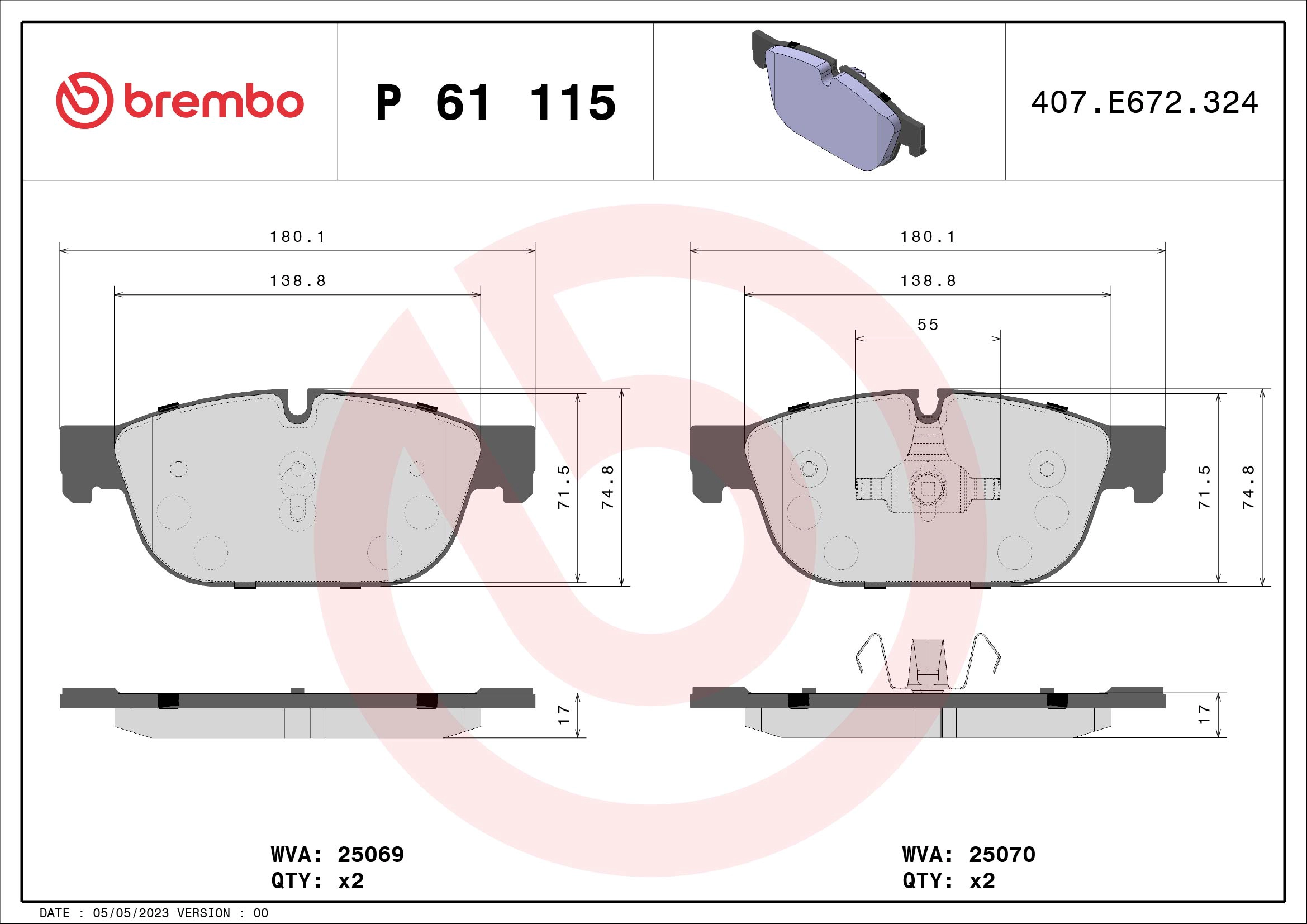 Комплект тормозных колодок дисковый тормоз xtra line BREMBO P 61 115X