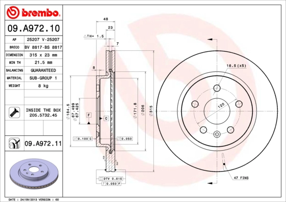 Тормозной диск prime line BREMBO 09.A972.10