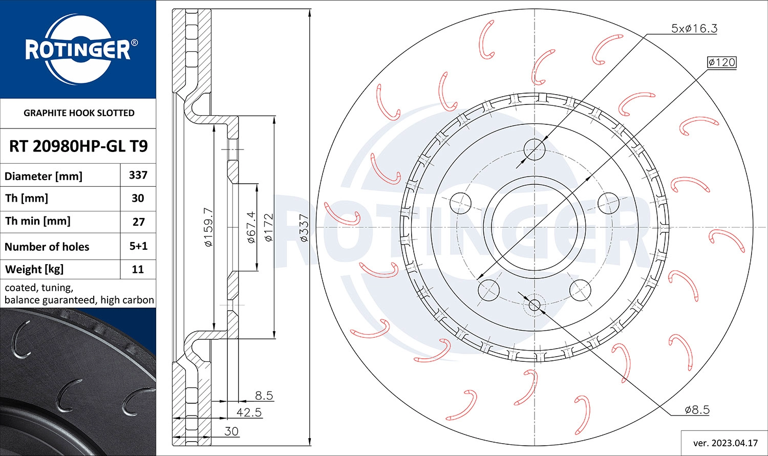 Тормозной диск graphite hook slotted ROTINGER RT 20980HP-GL T9