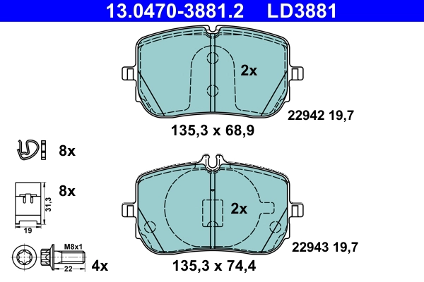 Комплект тормозных колодок дисковый тормоз ate ceramic ATE 13.0470-3881.2
