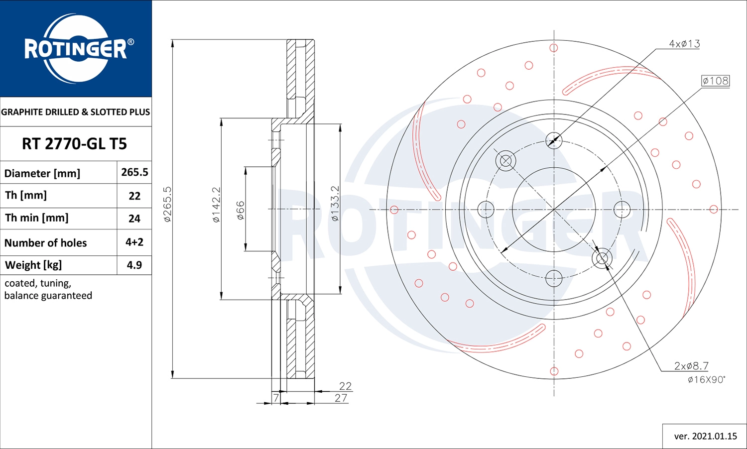 Тормозной диск graphite drilled slotted plus ROTINGER RT 2770-GL T5