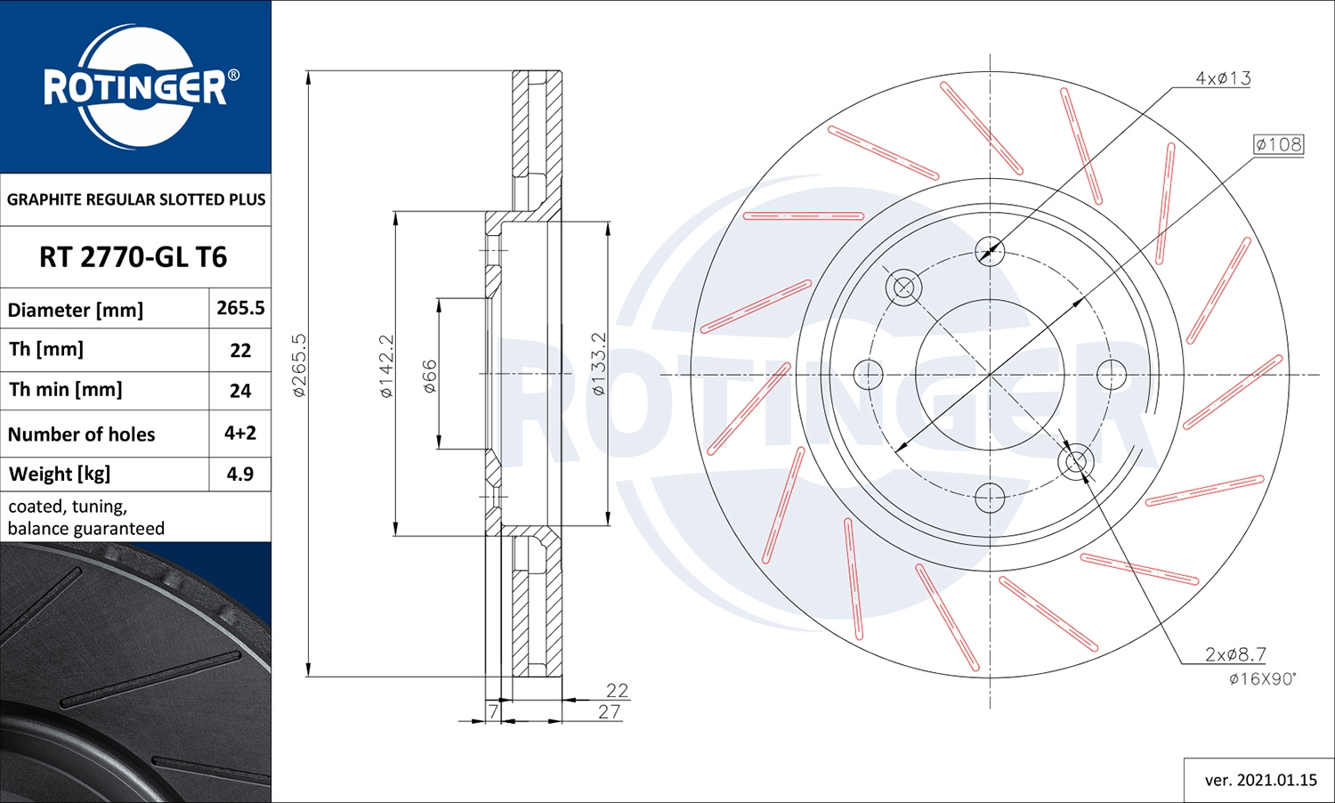 Тормозной диск graphite regular slotted plus ROTINGER RT 2770-GL T6