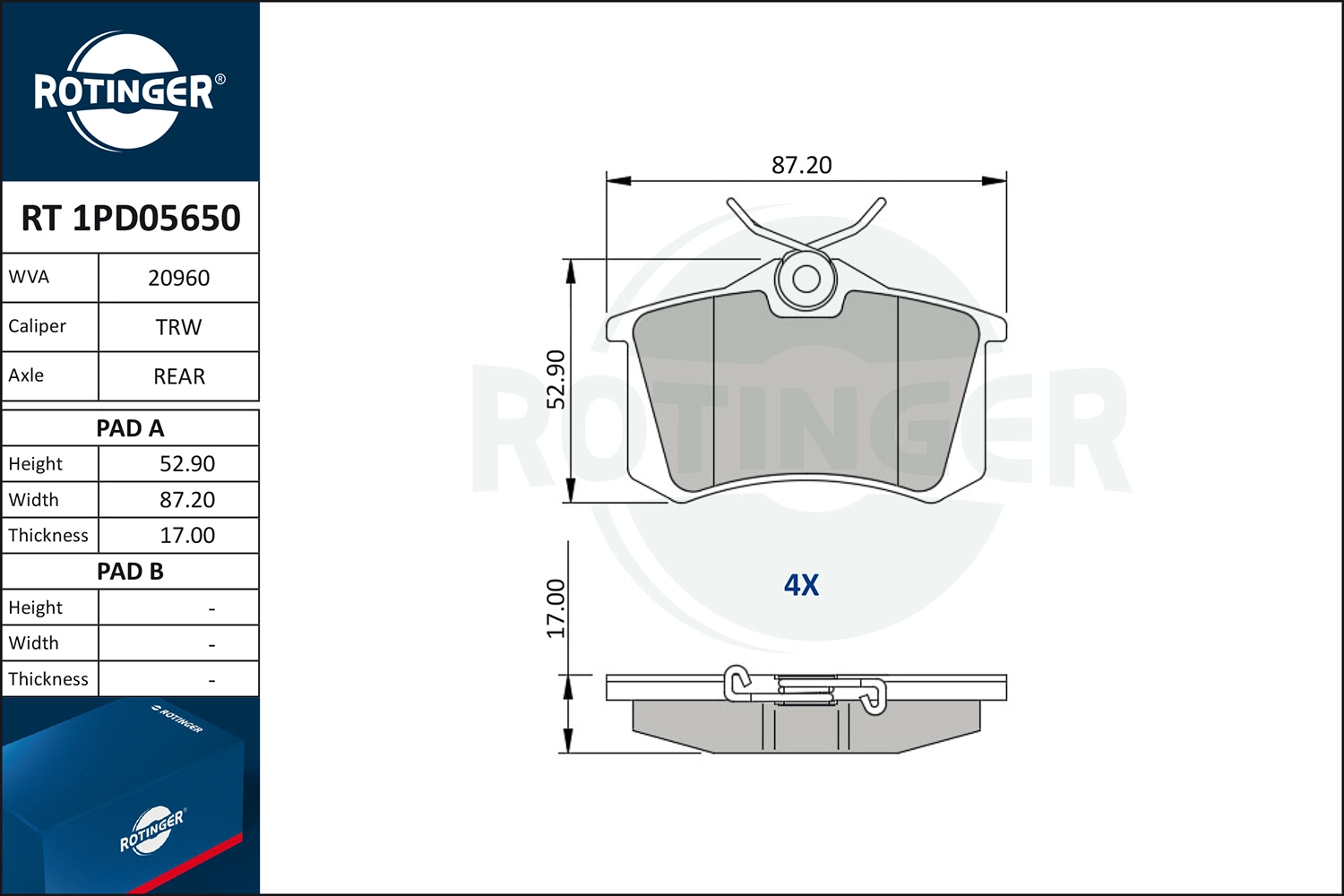 Комплект тормозных колодок дисковый тормоз ROTINGER RT 1PD05650