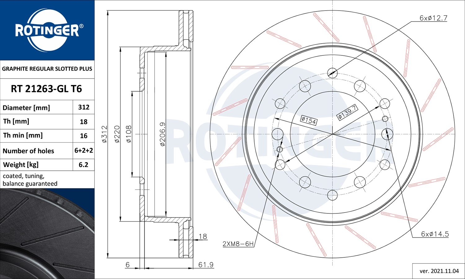 Тормозной диск graphite regular slotted plus ROTINGER RT 21263-GL T6