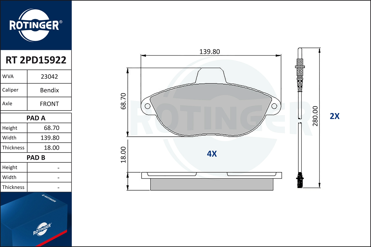 Комплект тормозных колодок дисковый тормоз ROTINGER RT 2PD15922