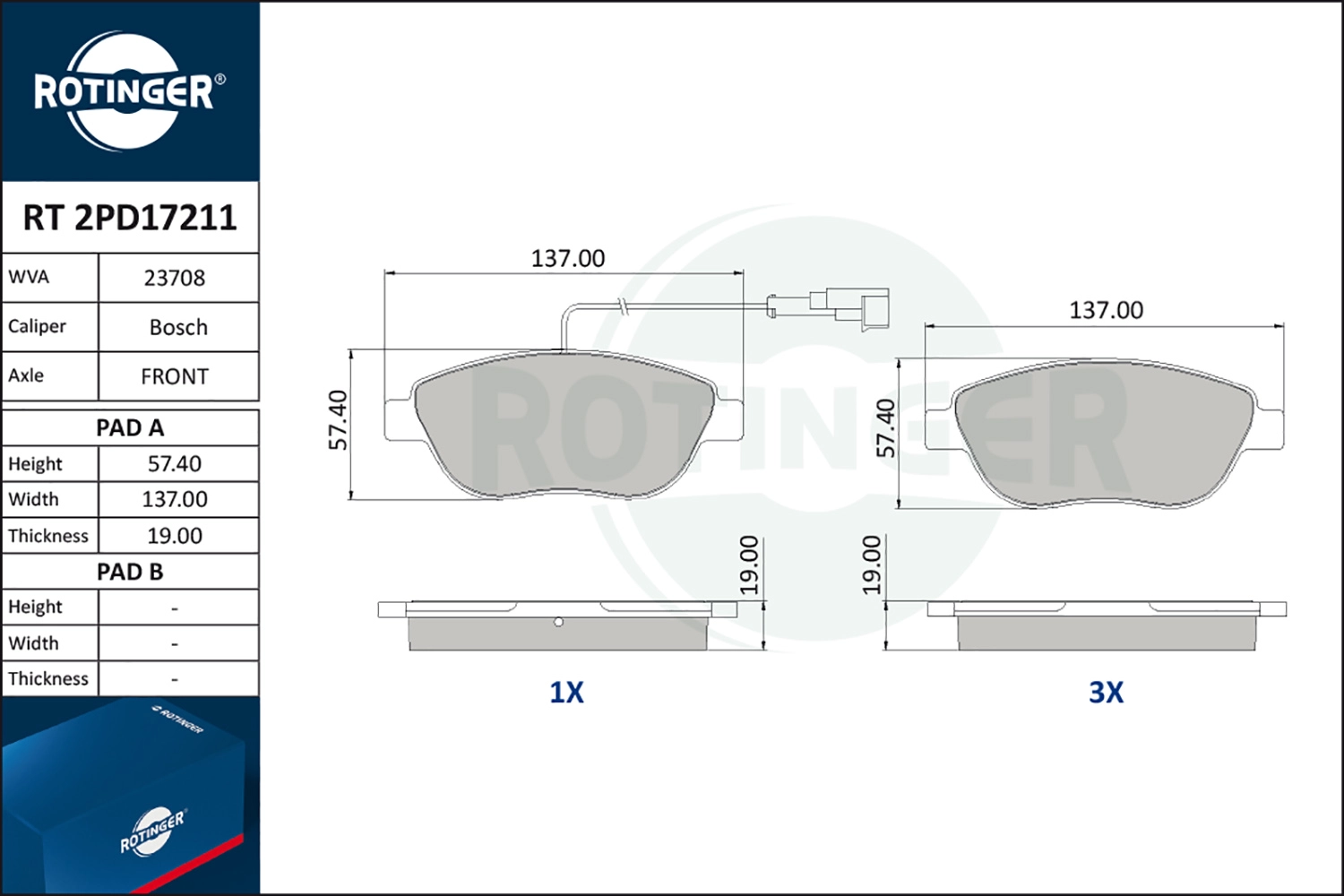 Комплект тормозных колодок дисковый тормоз ROTINGER RT 2PD17211