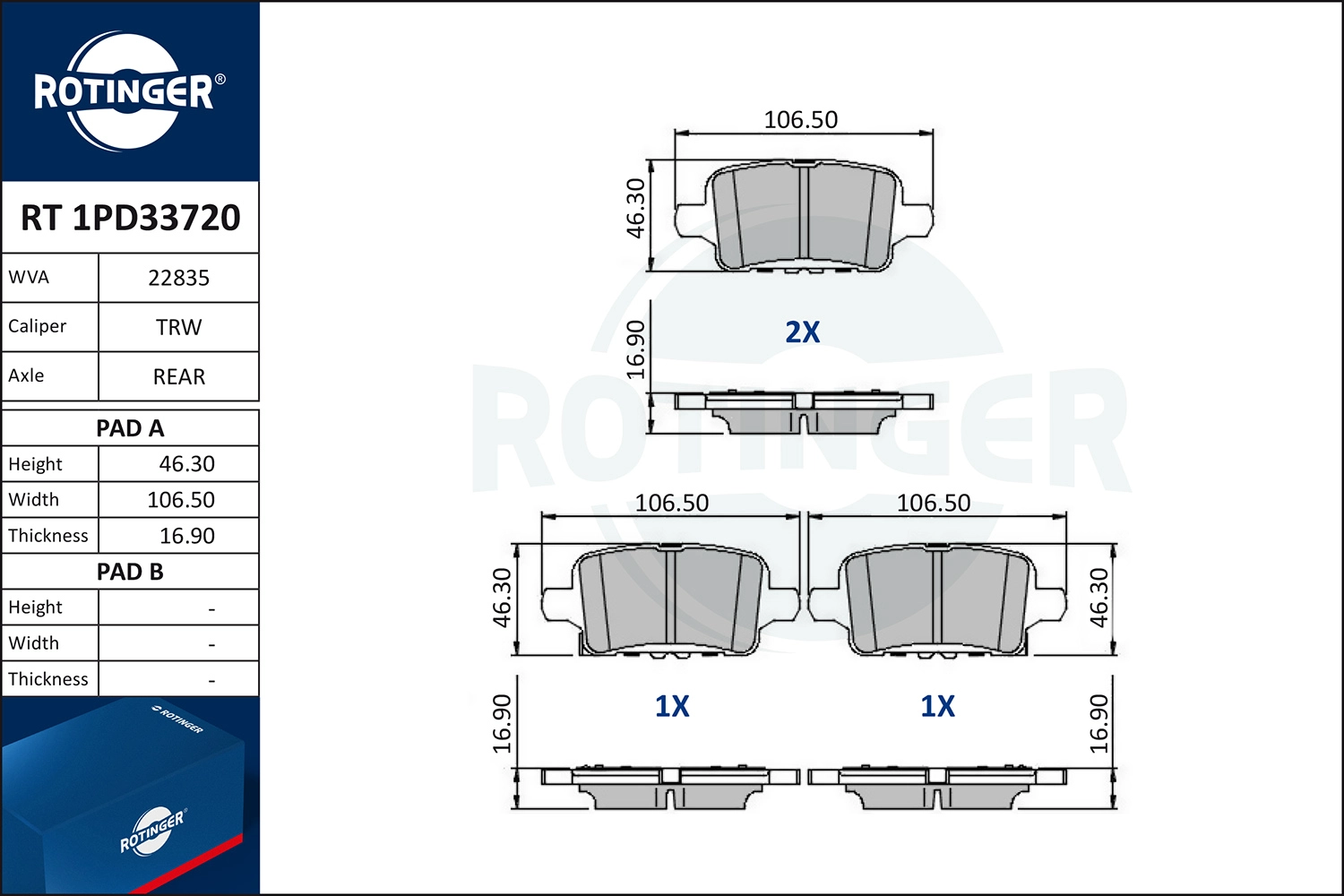 Комплект тормозных колодок дисковый тормоз ROTINGER RT 1PD33720