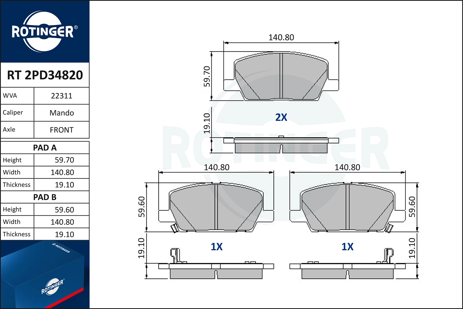 Комплект тормозных колодок дисковый тормоз ROTINGER RT 2PD34820