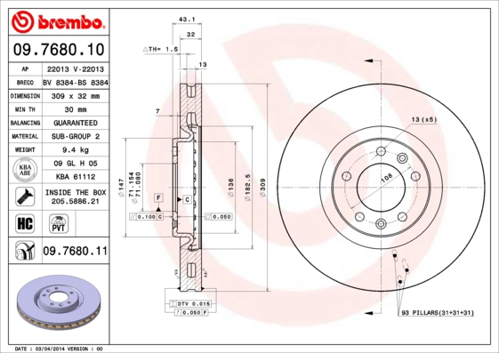 Тормозной диск prime line BREMBO 09.7680.10