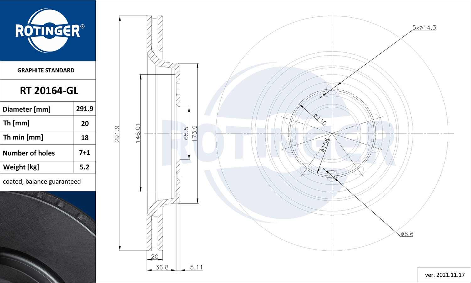 Тормозной диск graphite line ROTINGER RT 20164-GL