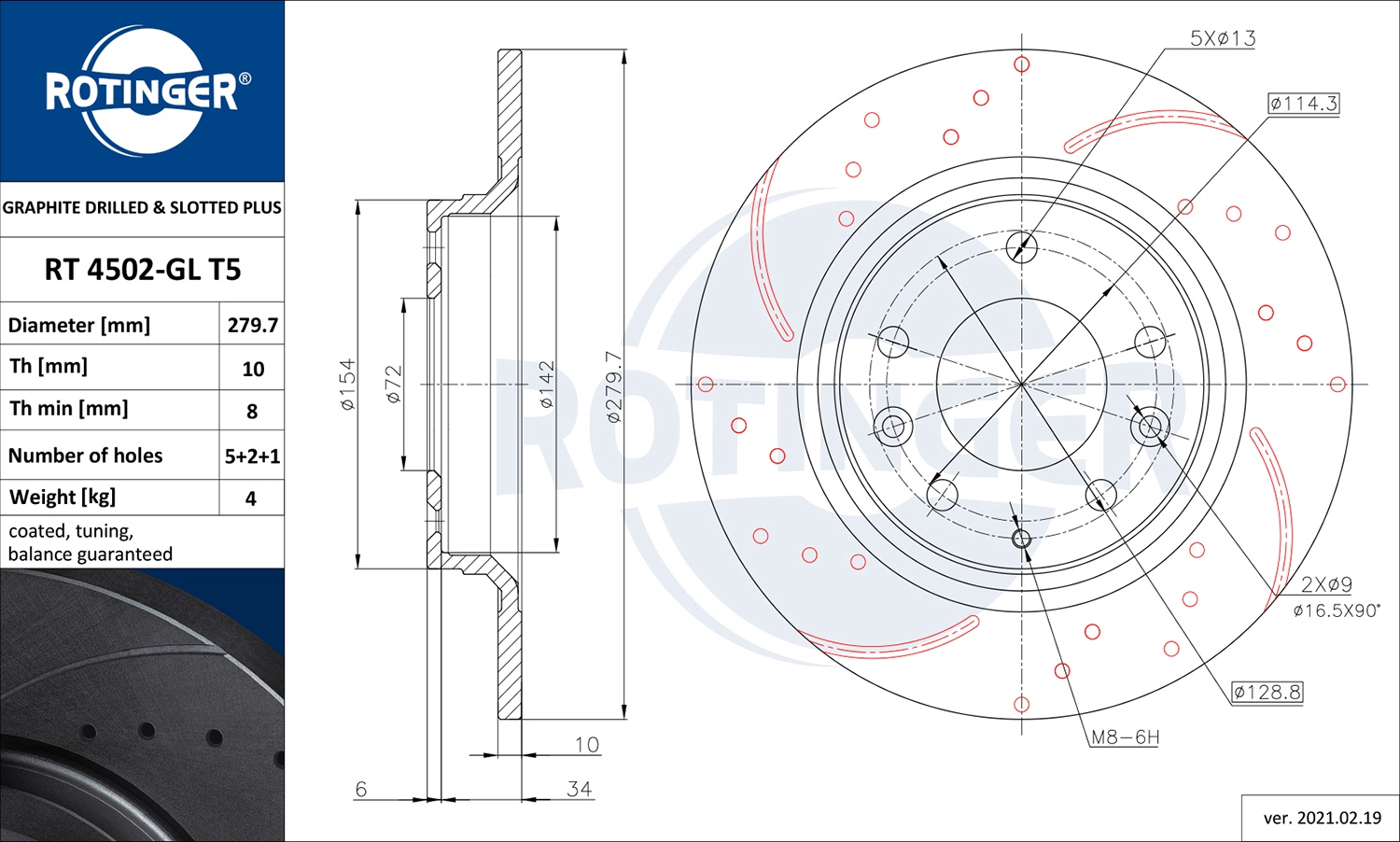 Тормозной диск graphite drilled slotted plus ROTINGER RT 4502-GL T5