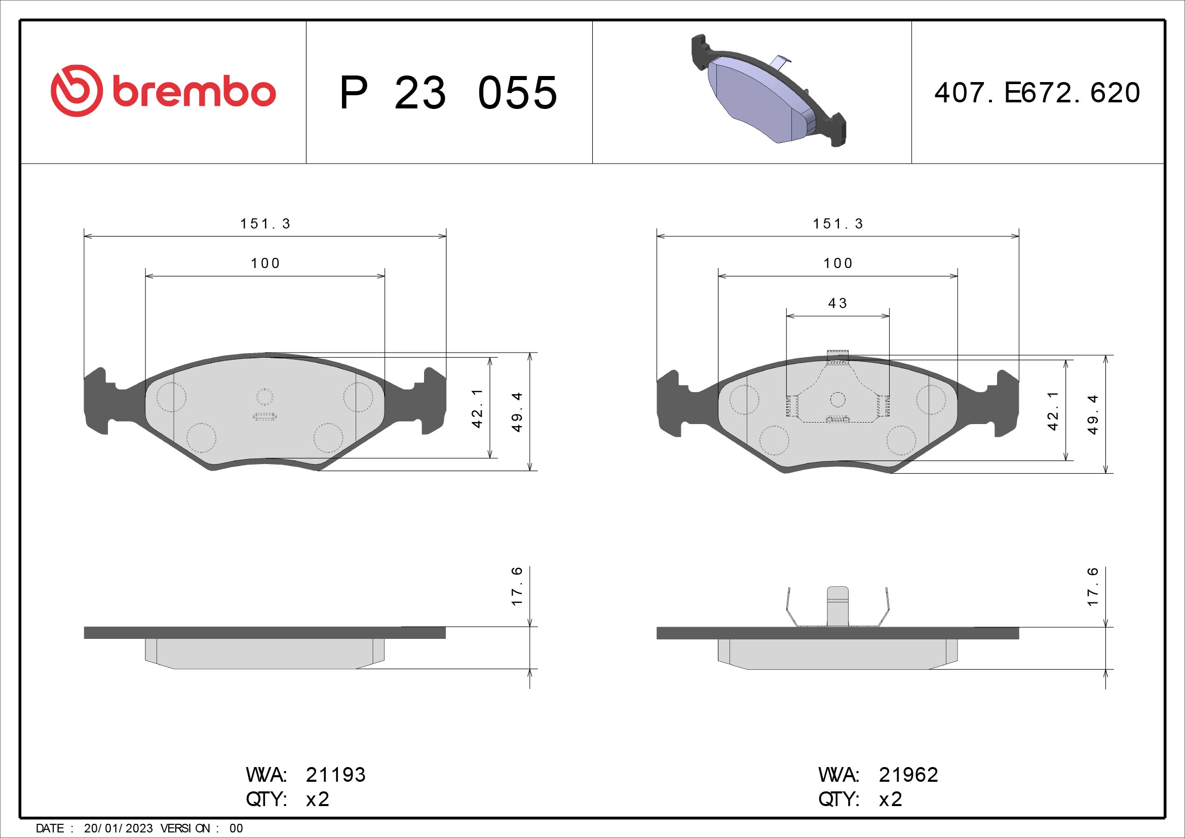 Комплект тормозных колодок дисковый тормоз prime line BREMBO P 23 055