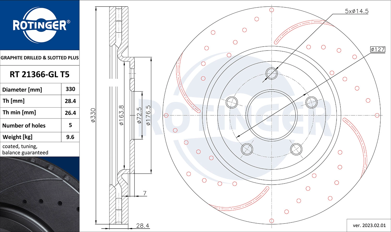 Тормозной диск graphite drilled slotted plus ROTINGER RT 21366-GL T5