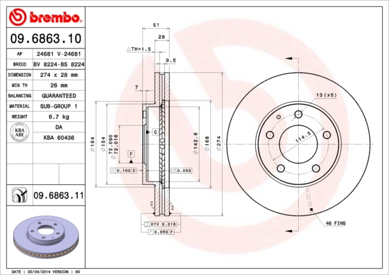 Тормозной диск prime line BREMBO 09.6863.10