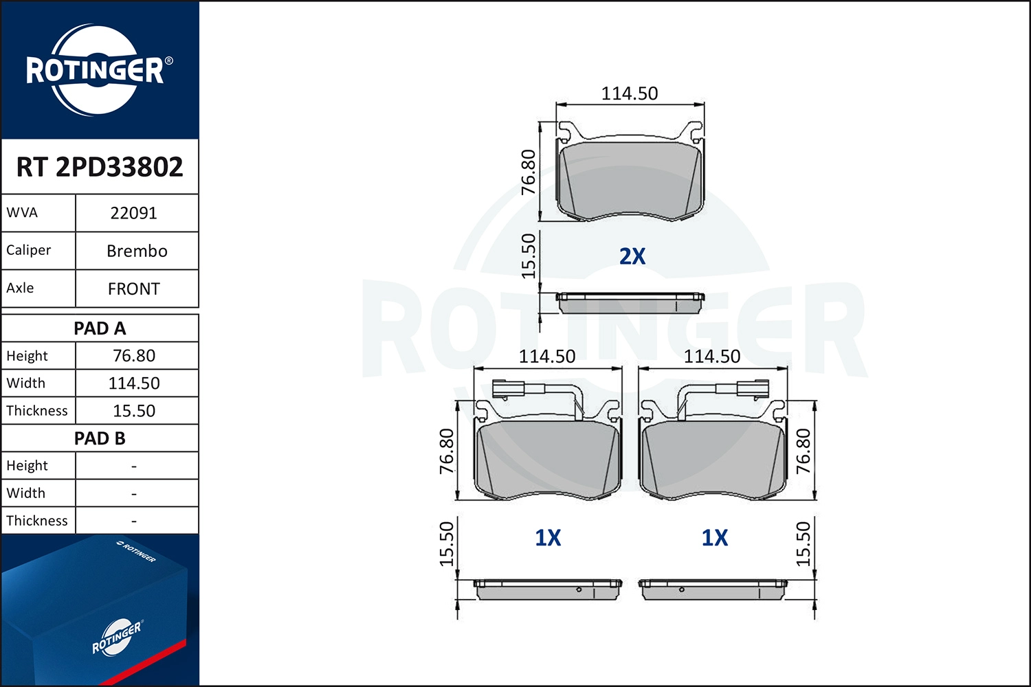 Комплект тормозных колодок дисковый тормоз ROTINGER RT 2PD33802