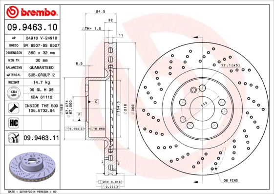 Тормозной диск prime line - uv coated BREMBO 09.9463.11