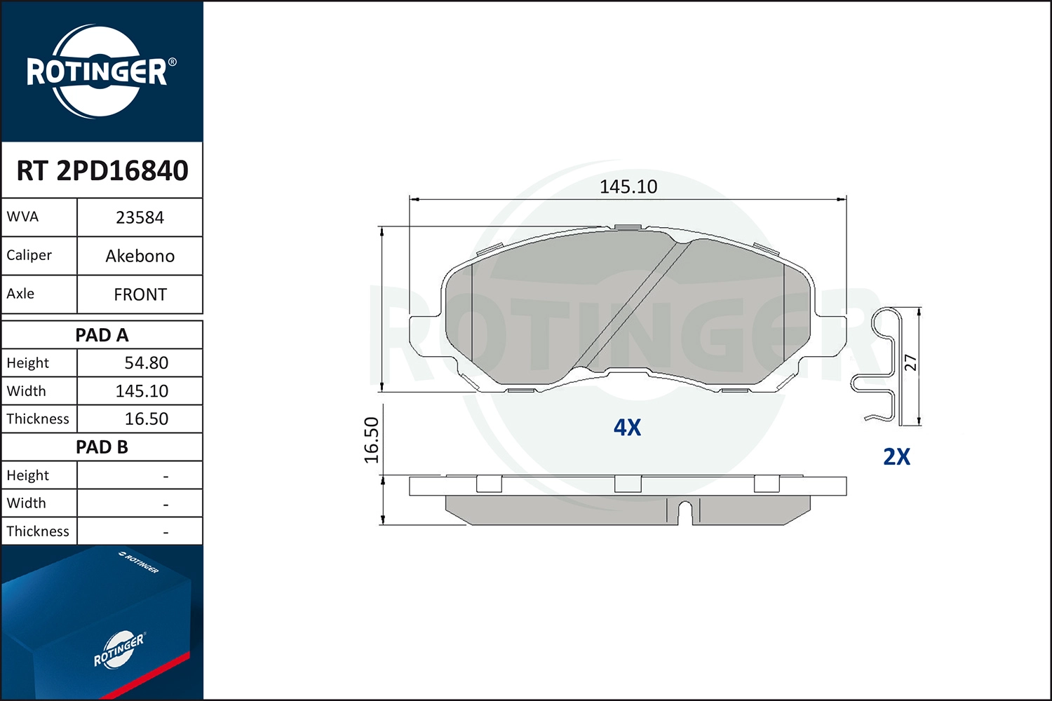 Комплект тормозных колодок дисковый тормоз ROTINGER RT 2PD16840