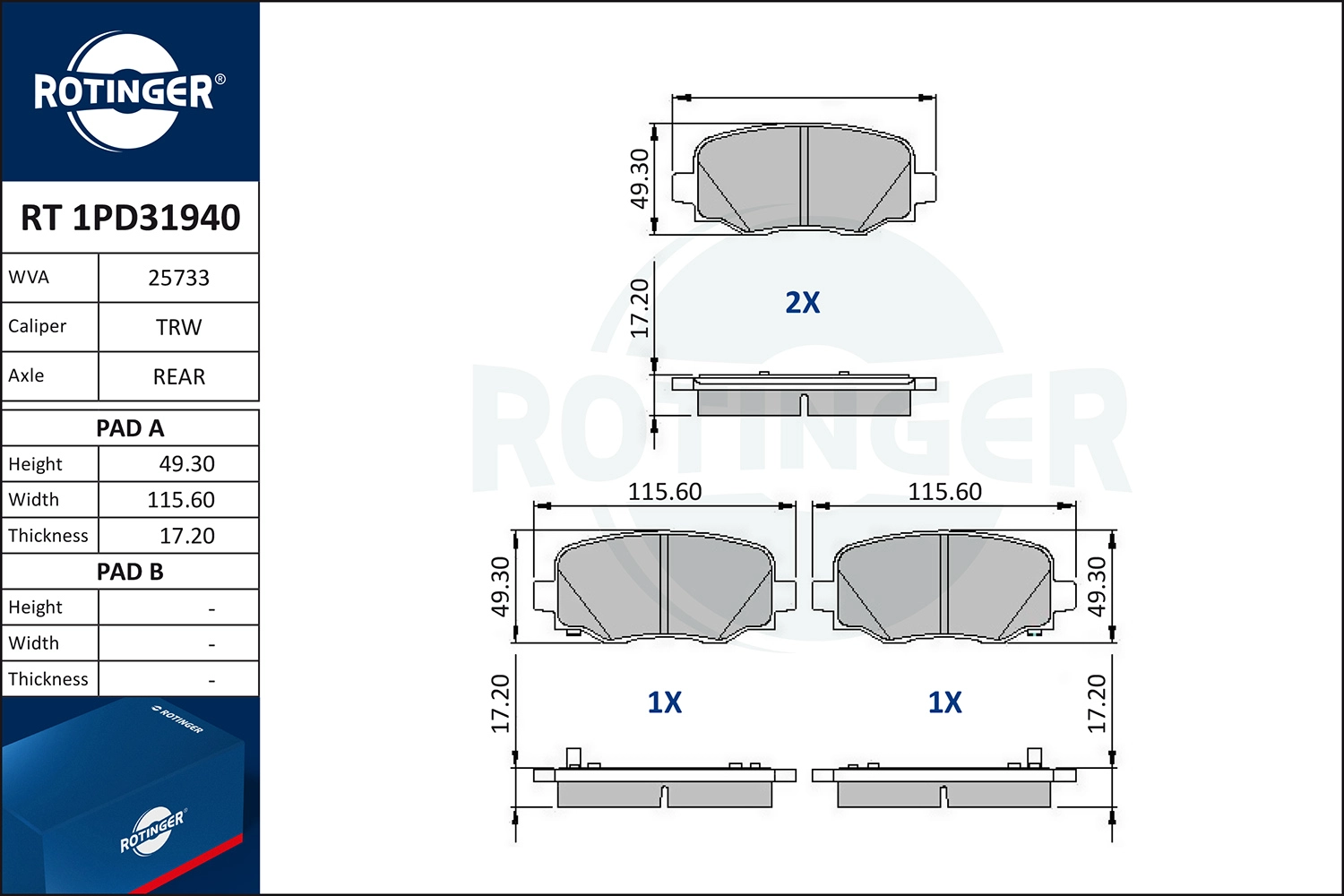 Комплект тормозных колодок дисковый тормоз ROTINGER RT 1PD31940