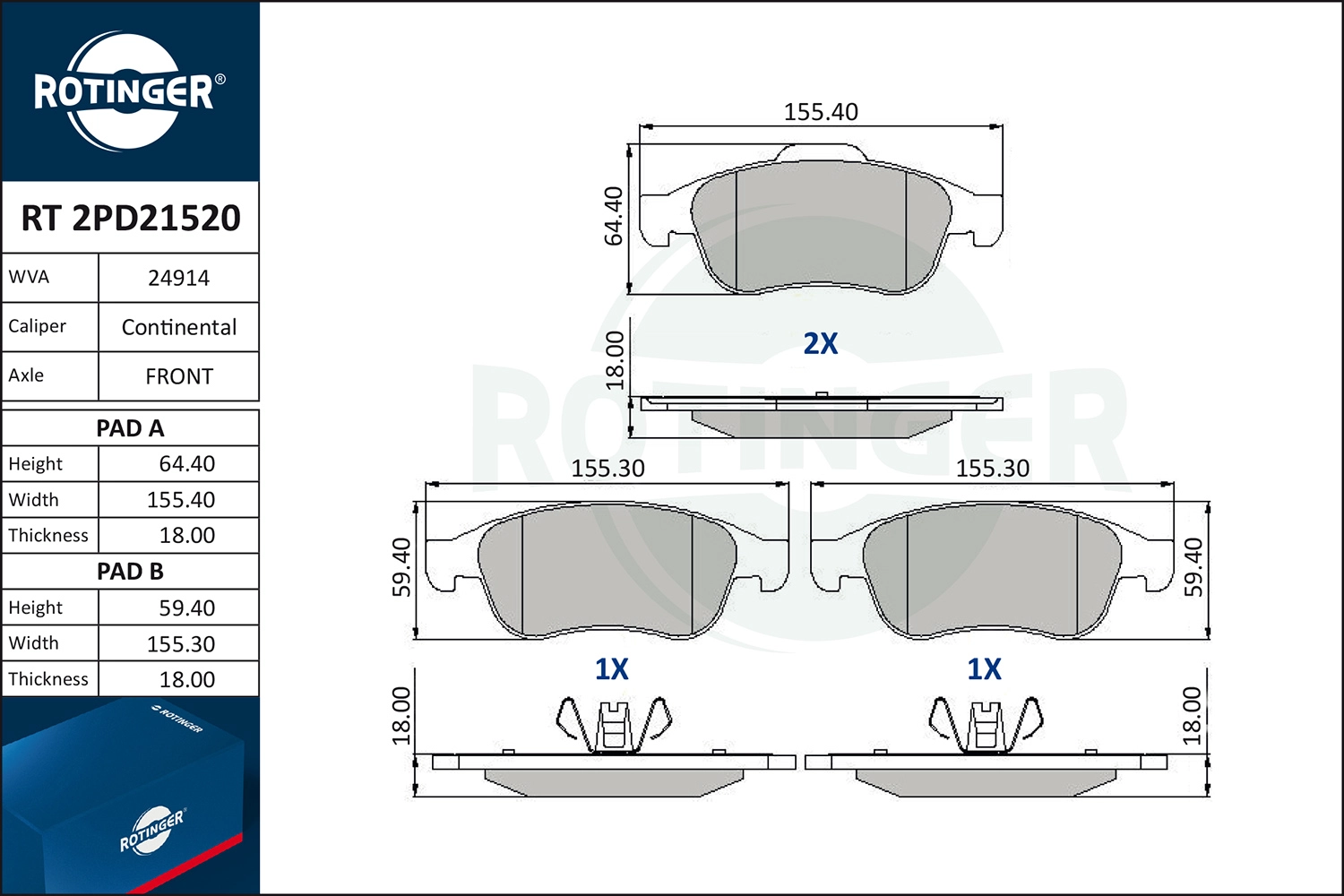 Комплект тормозных колодок дисковый тормоз ROTINGER RT 2PD21520