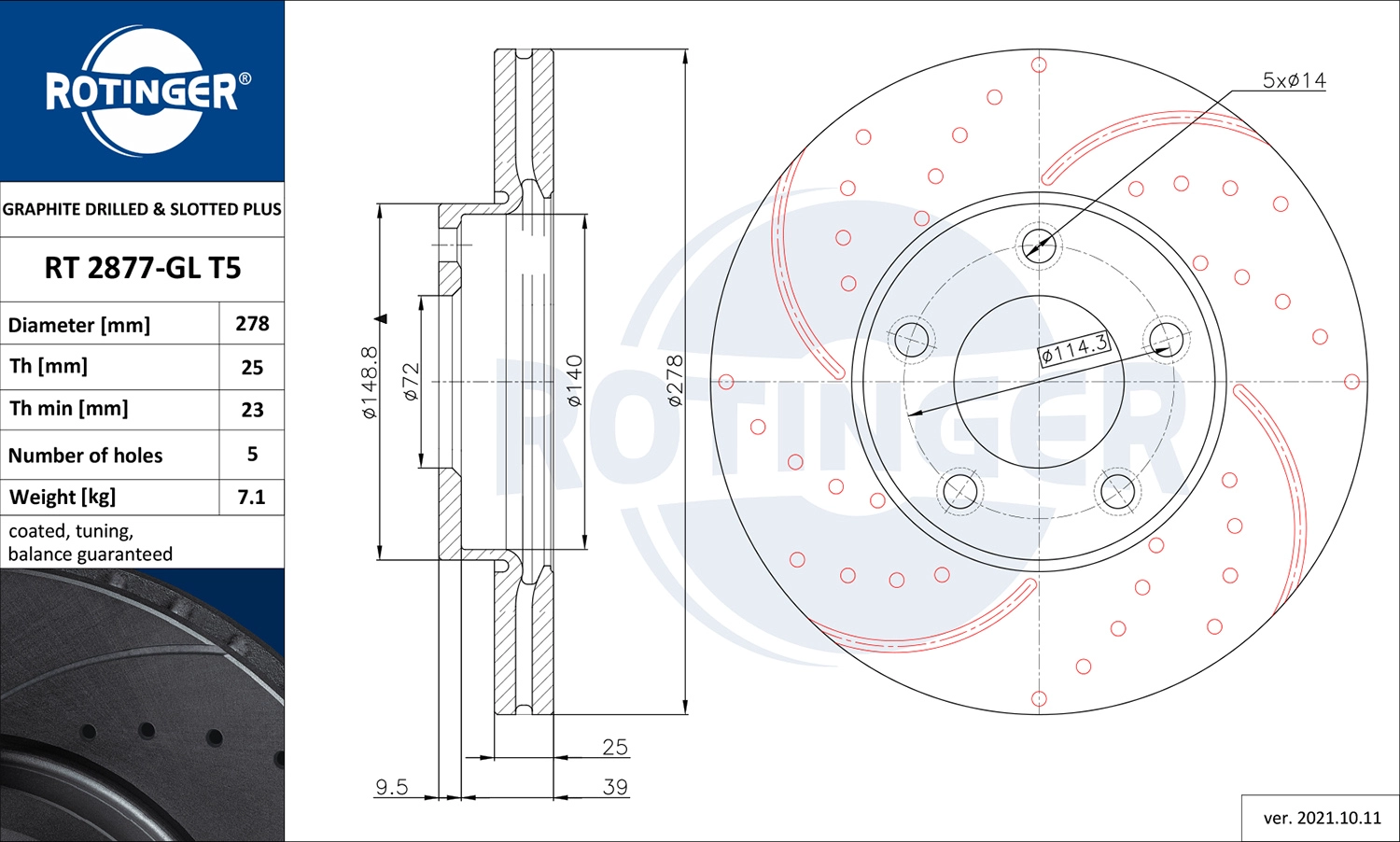 Тормозной диск graphite drilled slotted plus ROTINGER RT 2877-GL T5