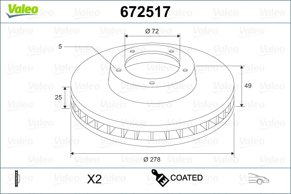 Тормозной диск coated VALEO 672517