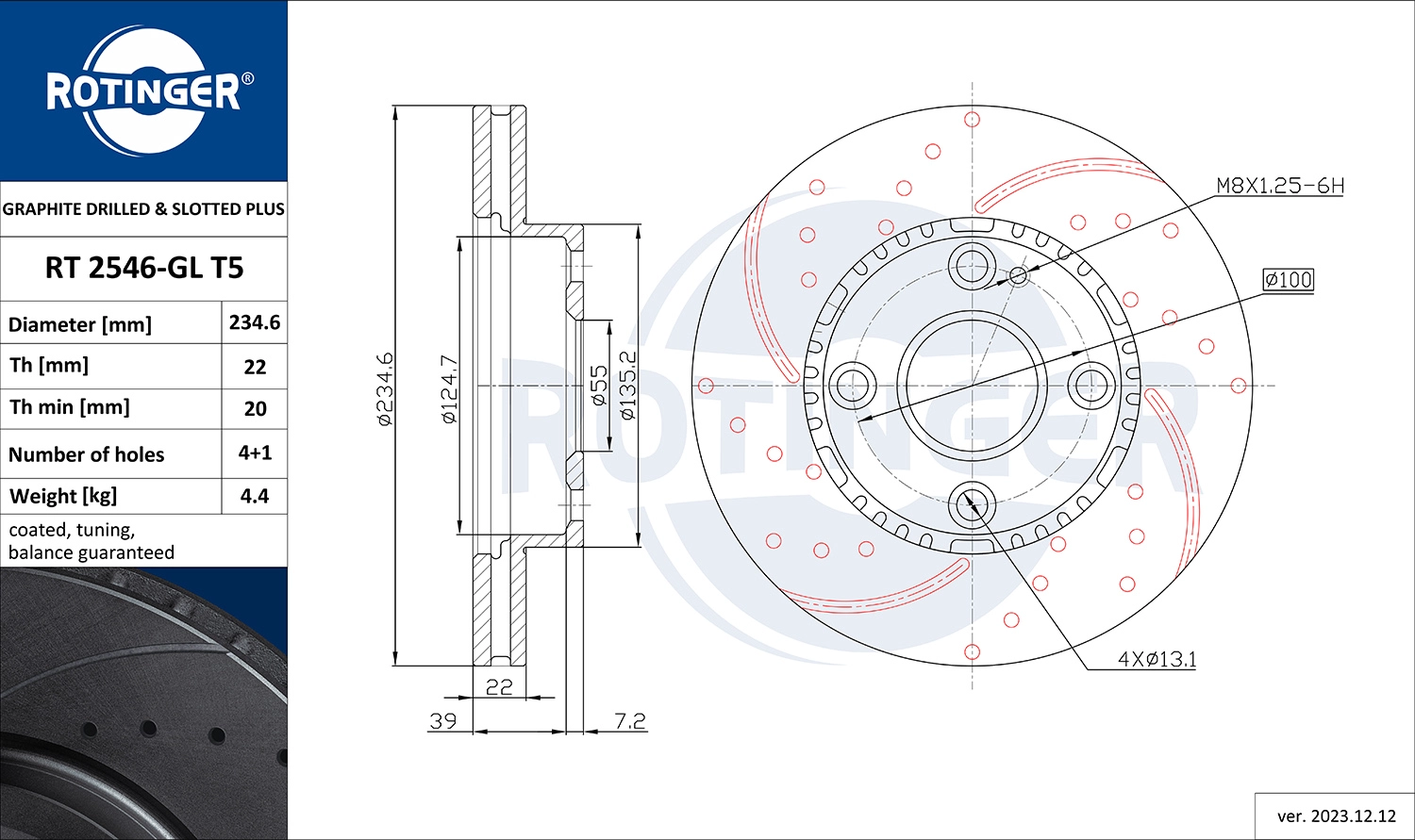 Тормозной диск graphite drilled slotted plus ROTINGER RT 2546-GL T5