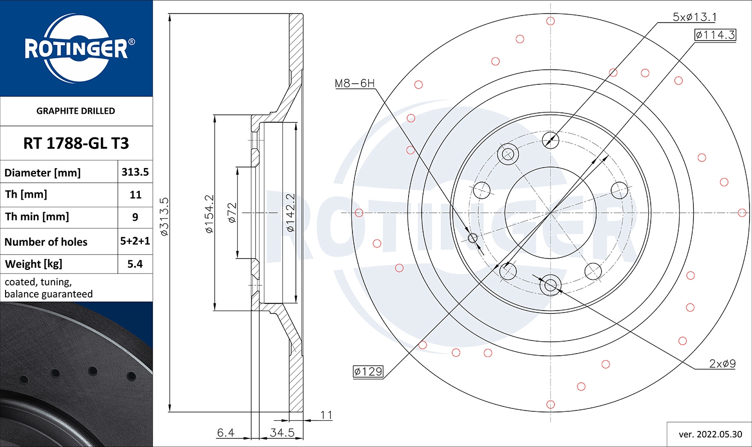 Тормозной диск graphite drilled ROTINGER RT 1788-GL T3
