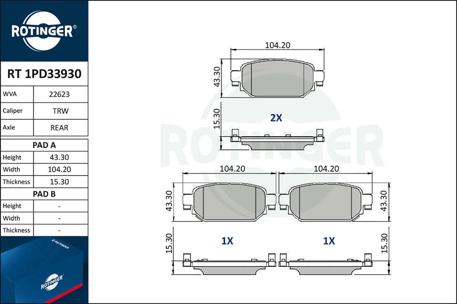 Комплект тормозных колодок дисковый тормоз ROTINGER RT 1PD33930
