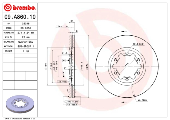 Тормозной диск prime line BREMBO 09.A860.10