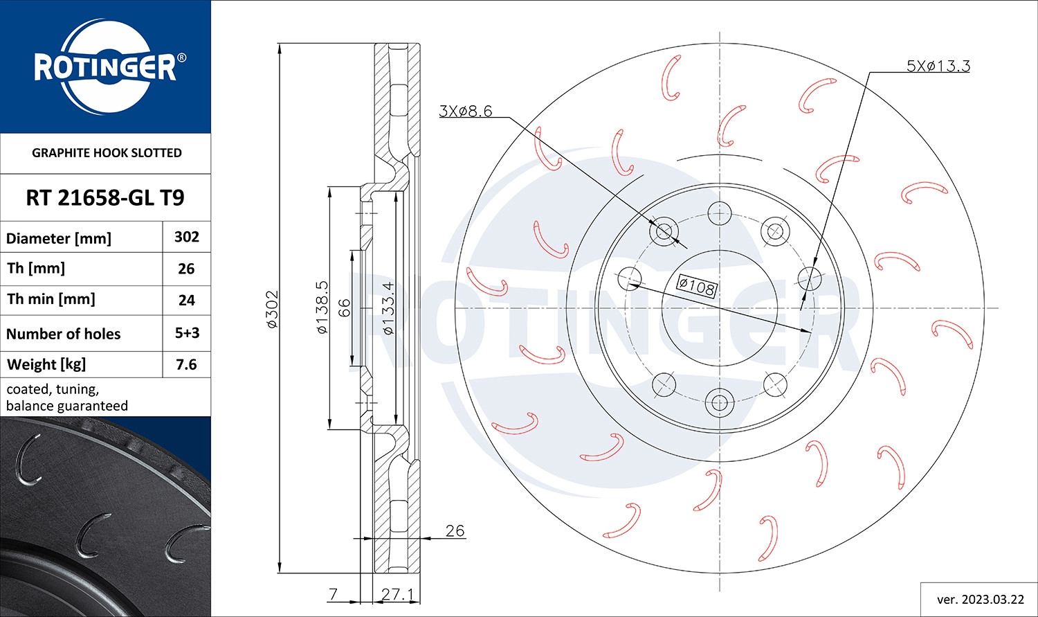 Тормозной диск graphite hook slotted ROTINGER RT 21658-GL T9