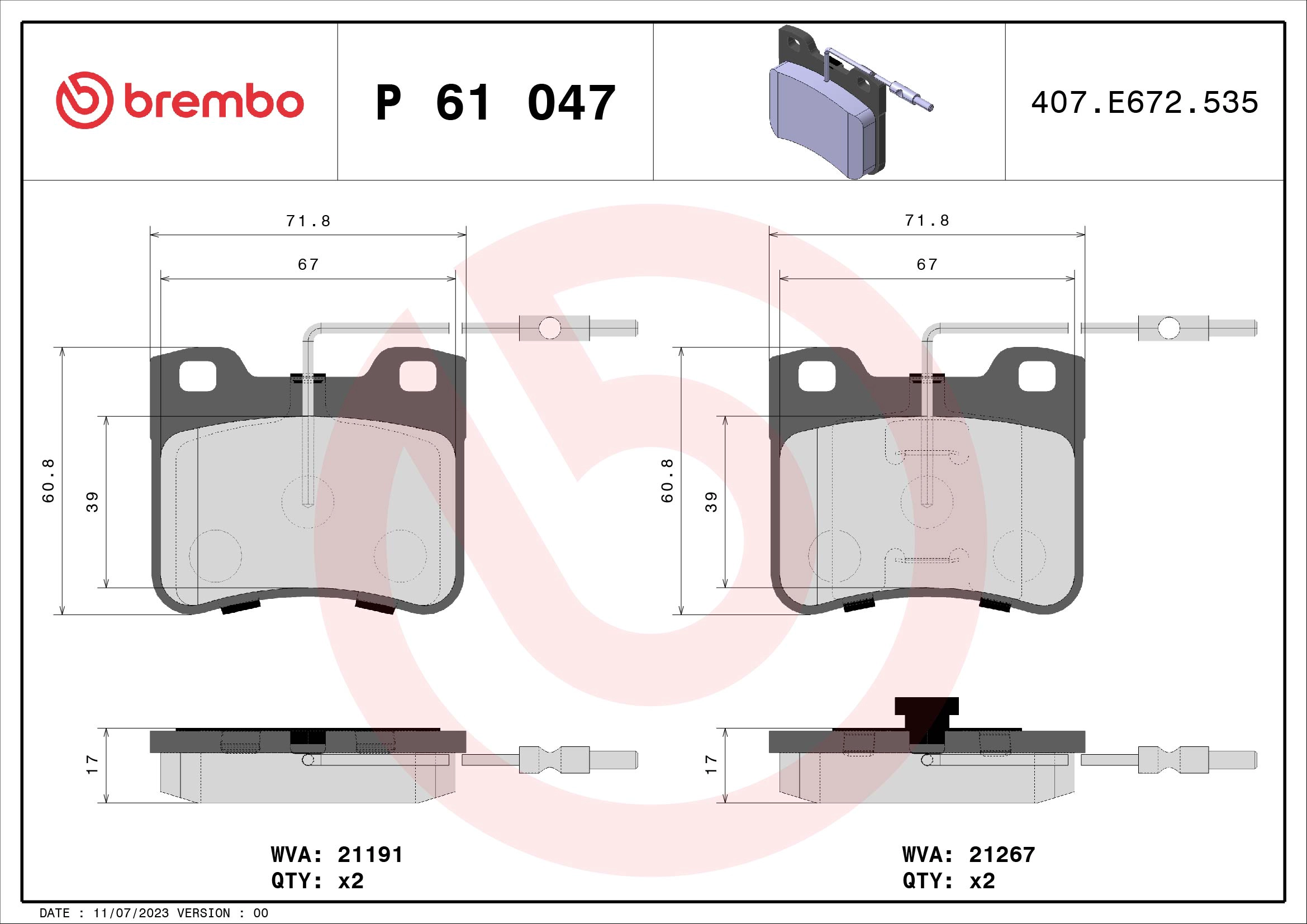 Комплект тормозных колодок дисковый тормоз prime line BREMBO P 61 047