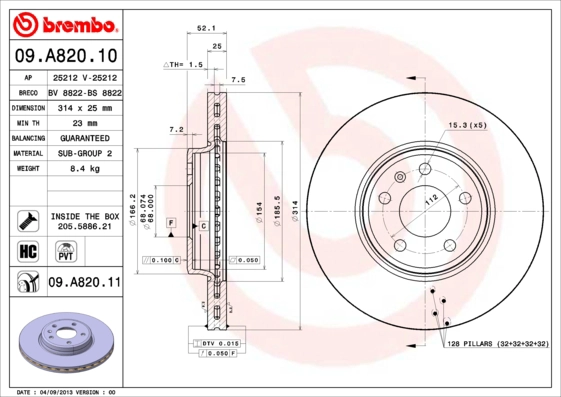 Диск тормозной BREMBO 09a82010