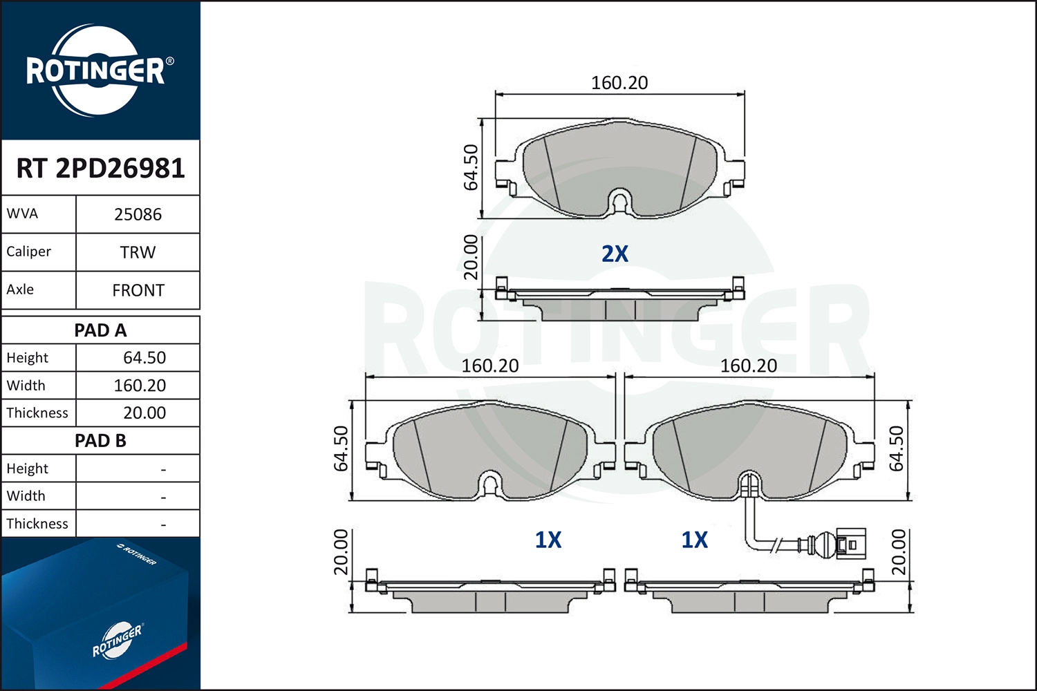 Комплект тормозных колодок дисковый тормоз ROTINGER RT 2PD26981