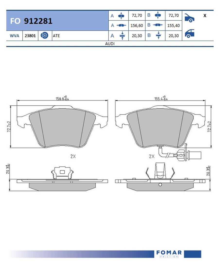 Комплект тормозных колодок дисковый тормоз FOMAR FRICTION FO 912281