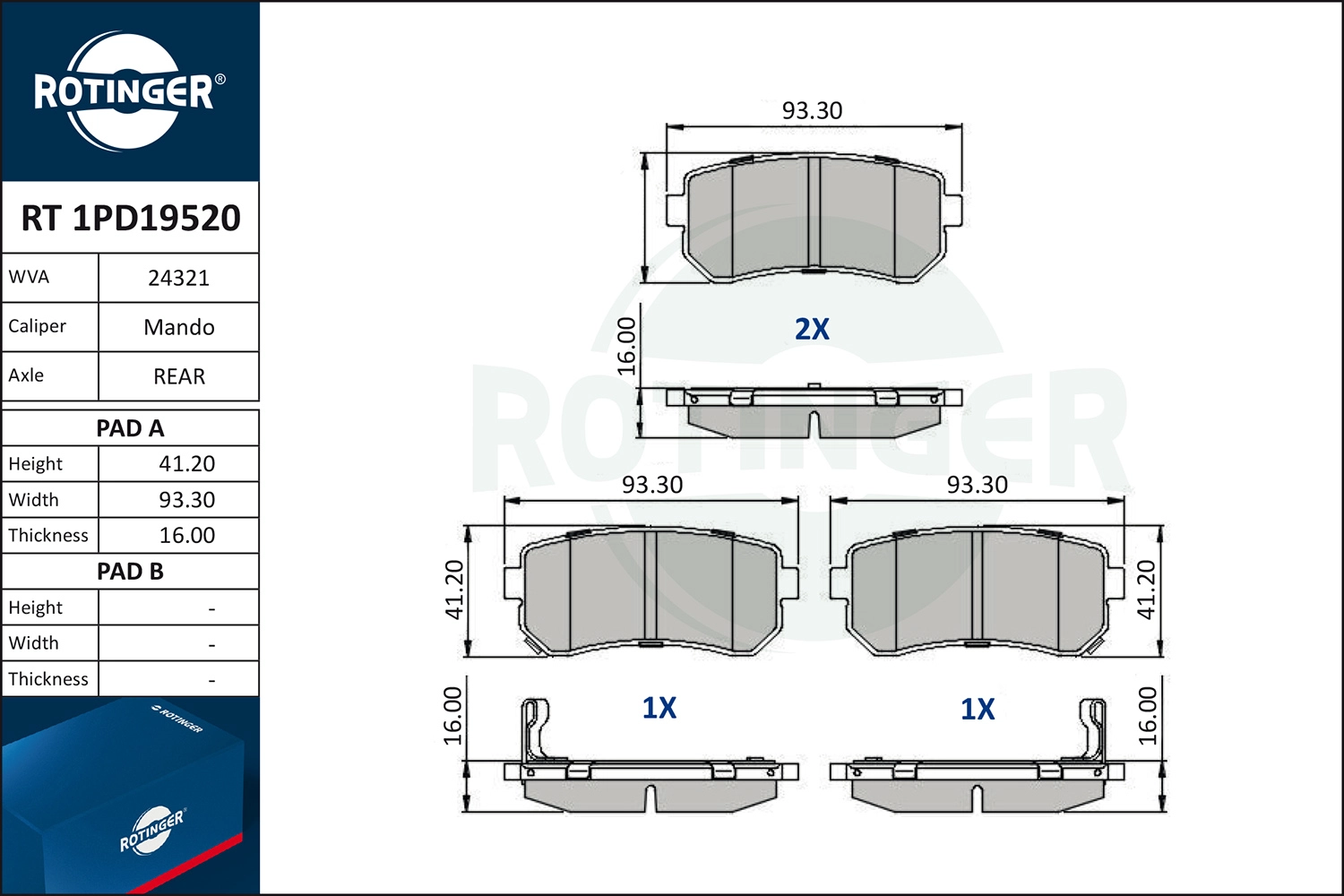 Комплект тормозных колодок дисковый тормоз ROTINGER RT1PD19520