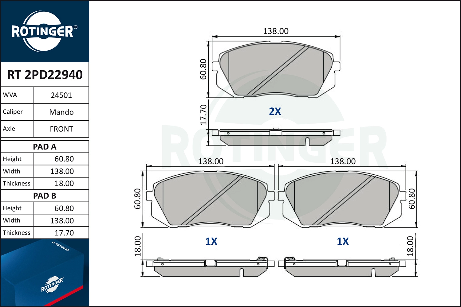Комплект тормозных колодок дисковый тормоз ROTINGER RT2PD22940