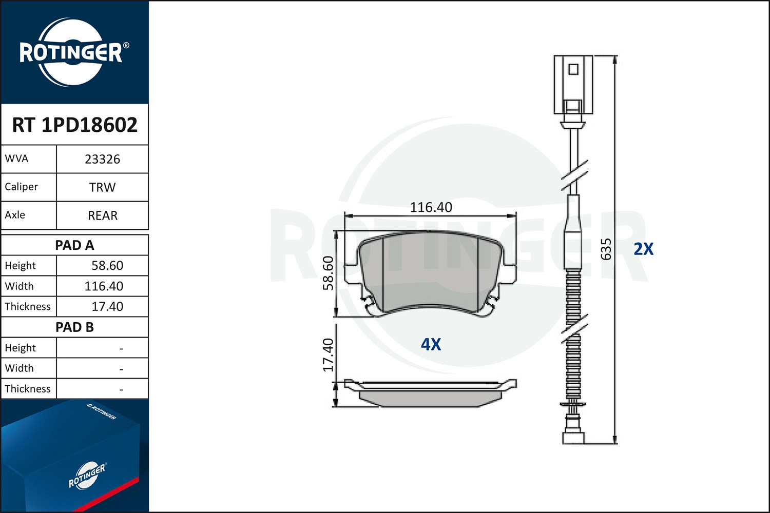 Комплект тормозных колодок дисковый тормоз ROTINGER RT1PD18602