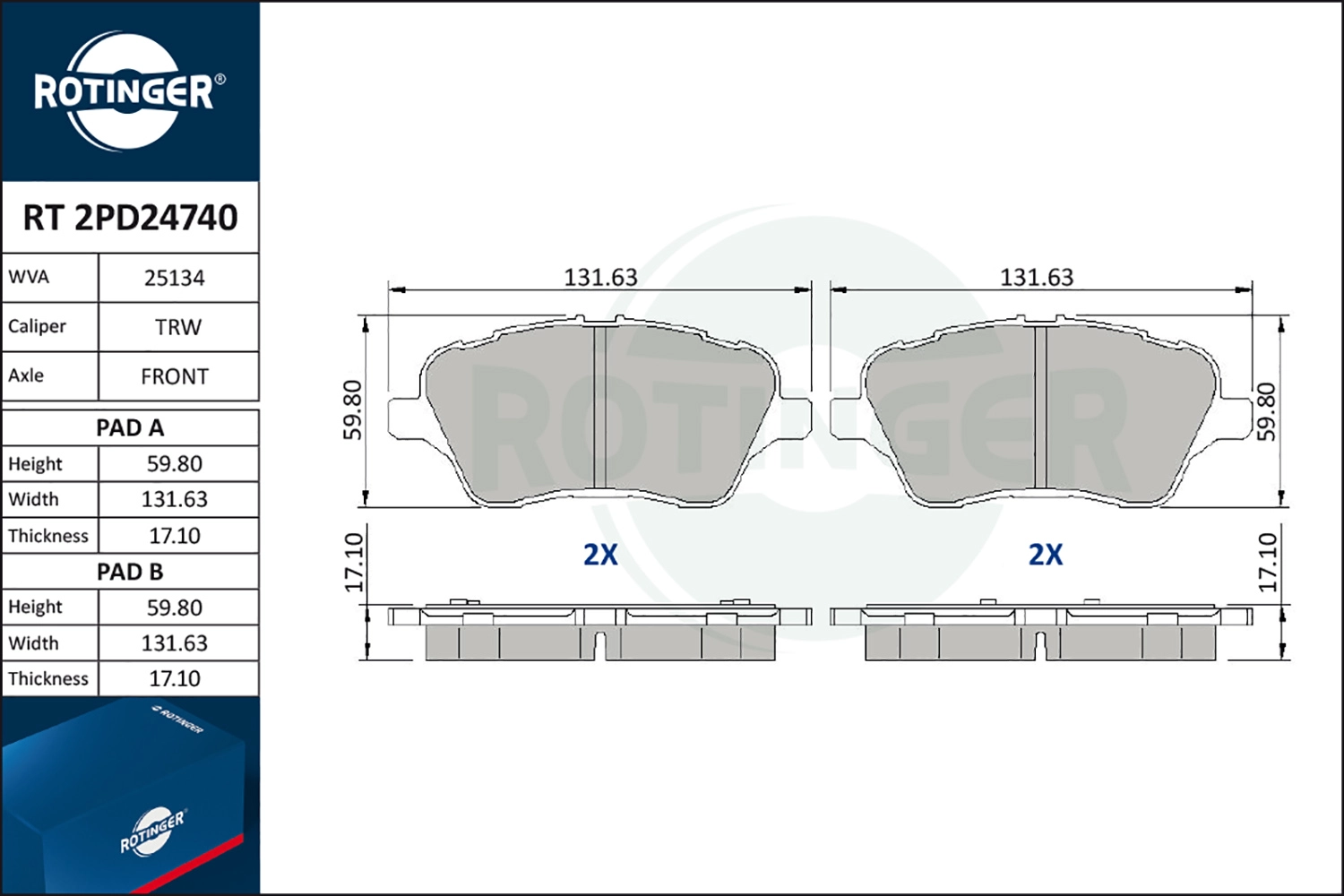 Комплект тормозных колодок дисковый тормоз ROTINGER RT 2PD24740