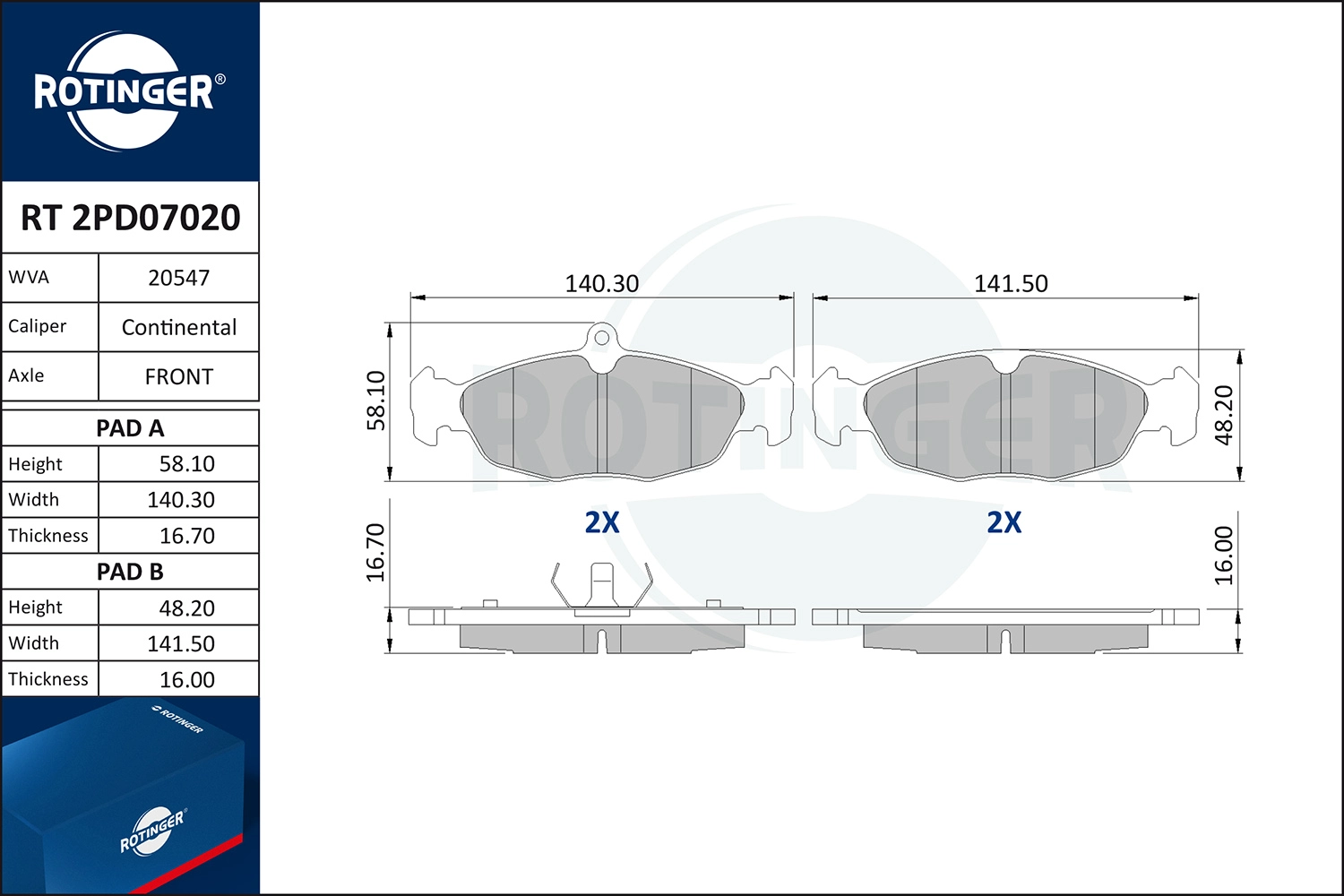 Комплект тормозных колодок дисковый тормоз ROTINGER RT2PD07020