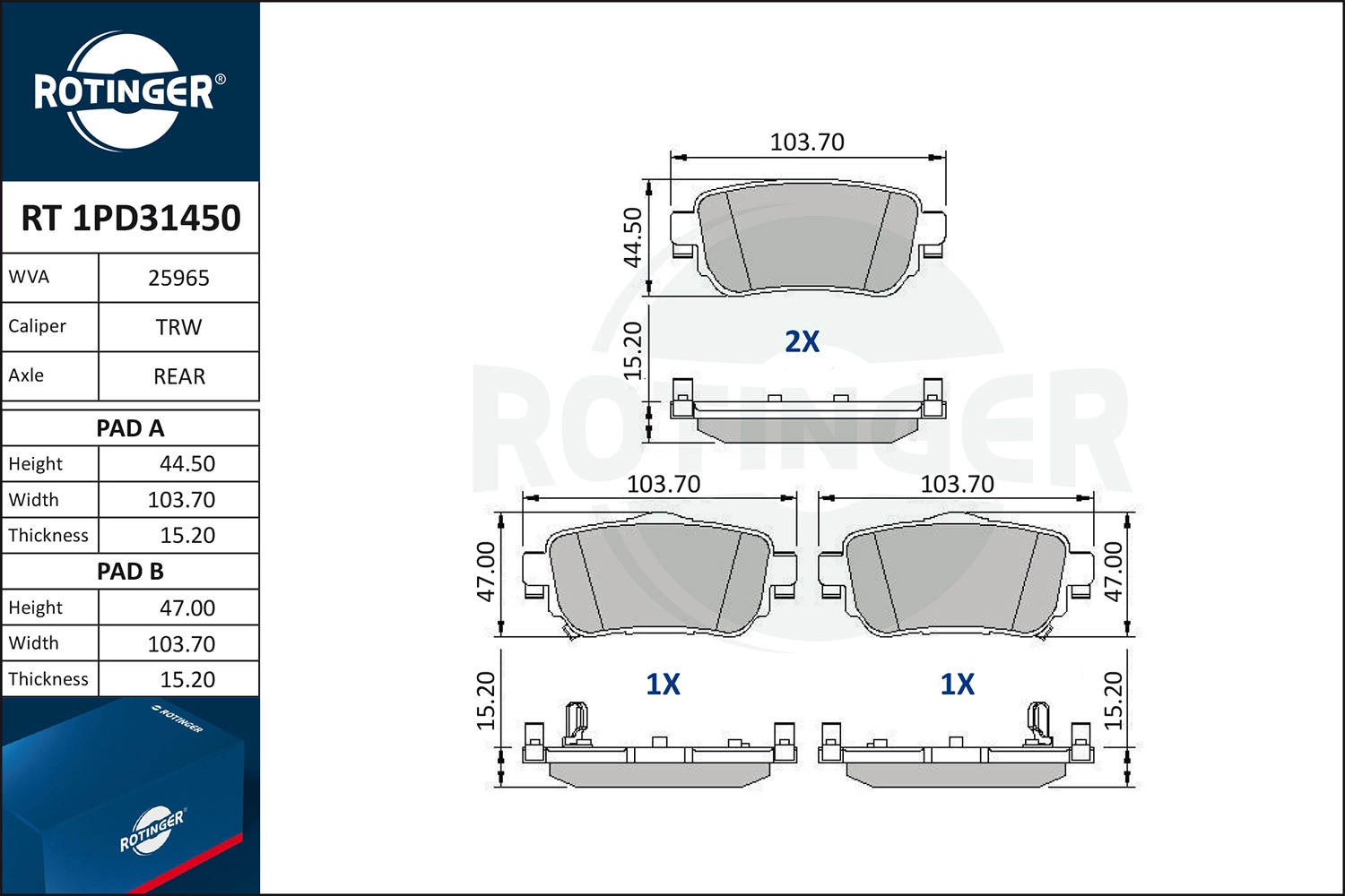 Комплект тормозных колодок дисковый тормоз ROTINGER RT 1PD31450