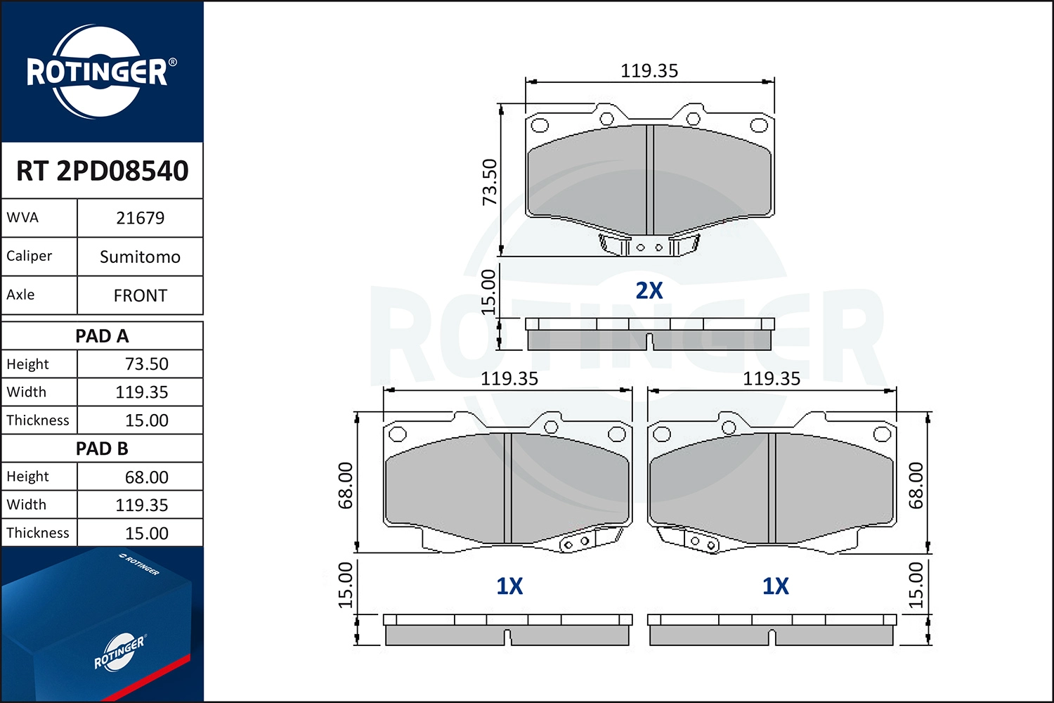 Комплект тормозных колодок дисковый тормоз ROTINGER RT2PD08540